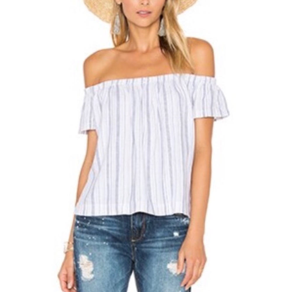Bella Dahl off shoulder striped linen navy blue white lightweight blouse…